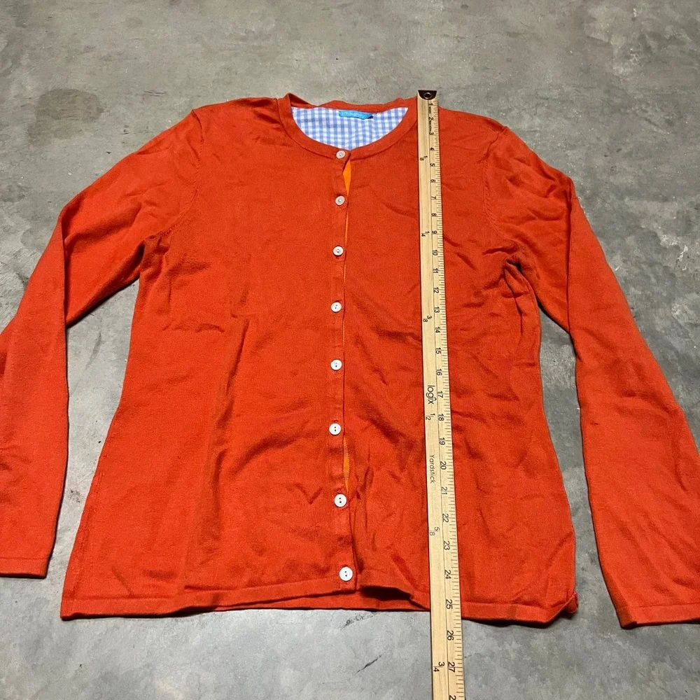 J.McLaughlin Womens Orange Cotton Modal Blend Gingham Trim Cardigan Sweater L